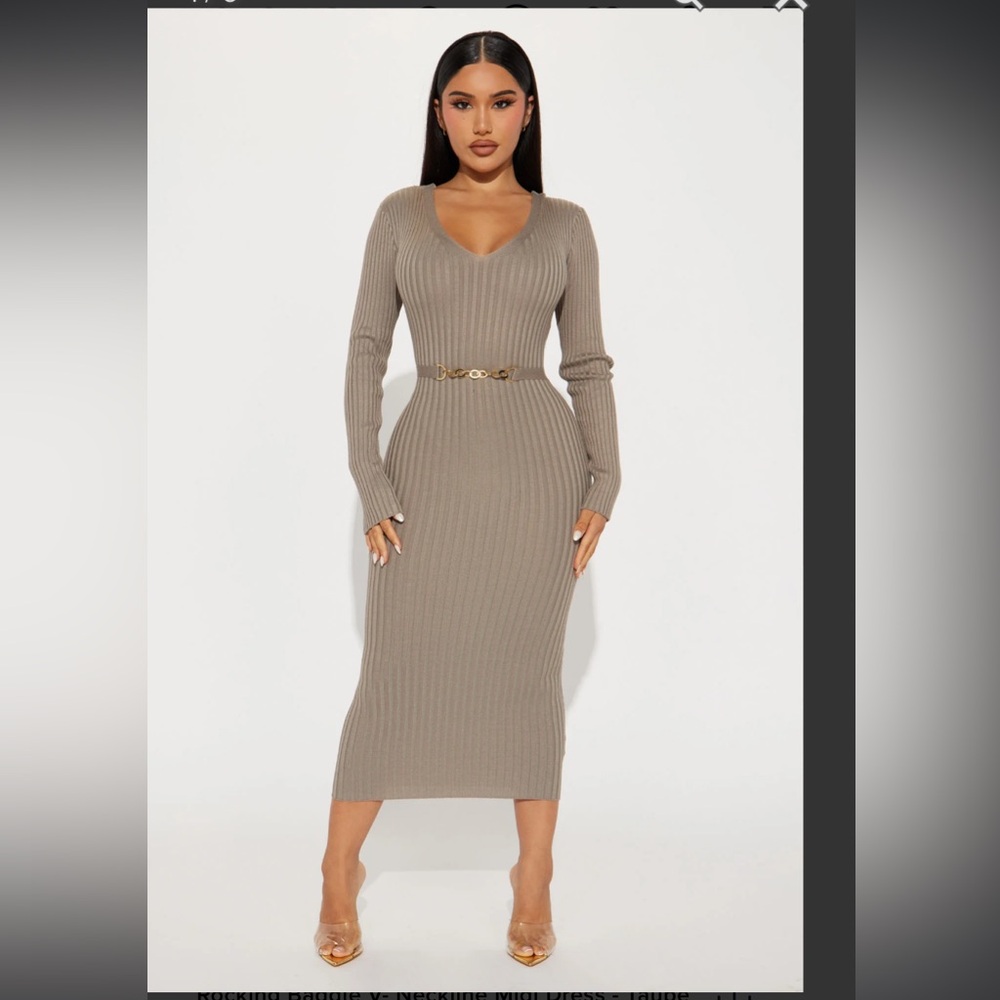 Ribbed long sleeve bodycon sweater dress w deep V f/b. Attached belt.